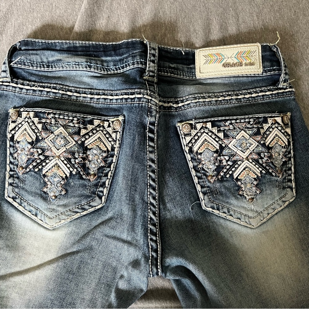 Grace in LA Blue Skinny Jeans with Embellished Pockets - Picture 6 of 7